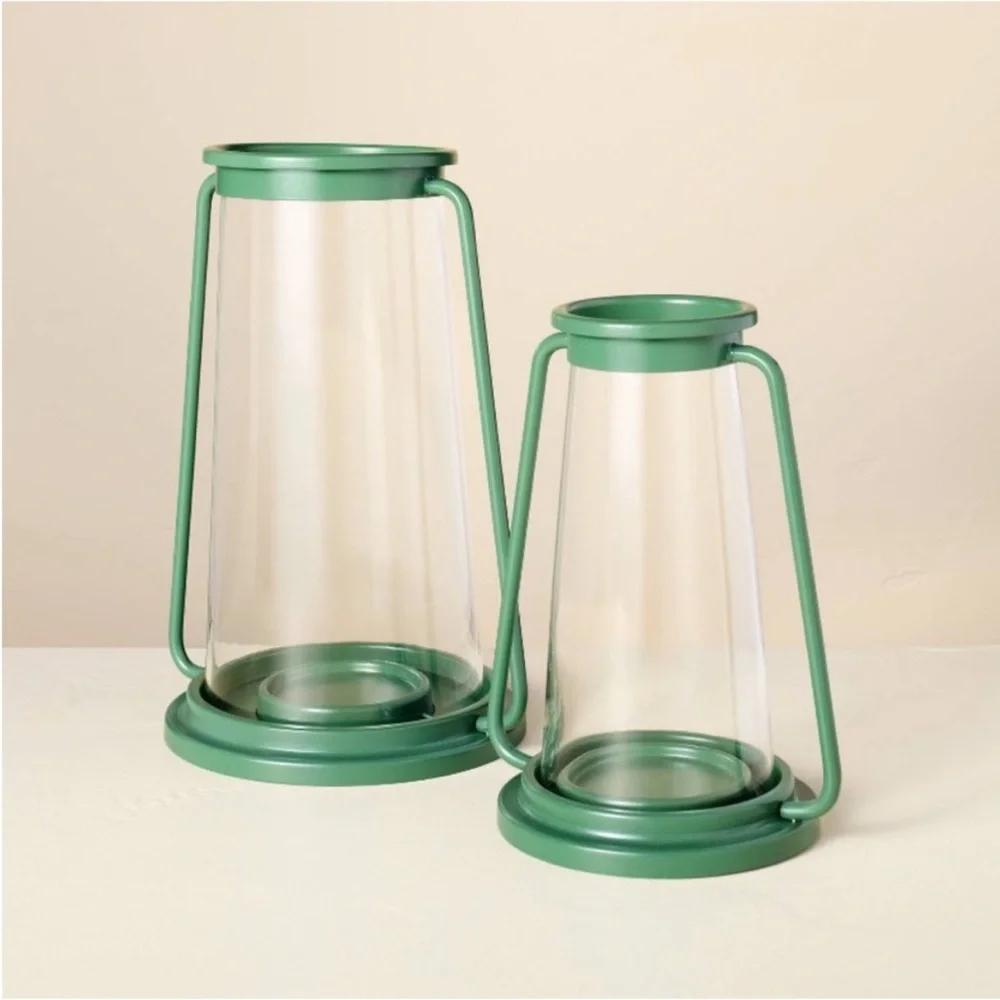 Hearth & Hand Large Pillar Glass & Metal Hurricane Candle Lantern Dark Green NWT
